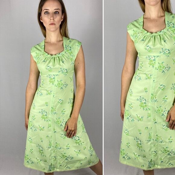 Vintage 70s 60s mint green floral short summer dress capped sleeves open back - Picture 3 of 9